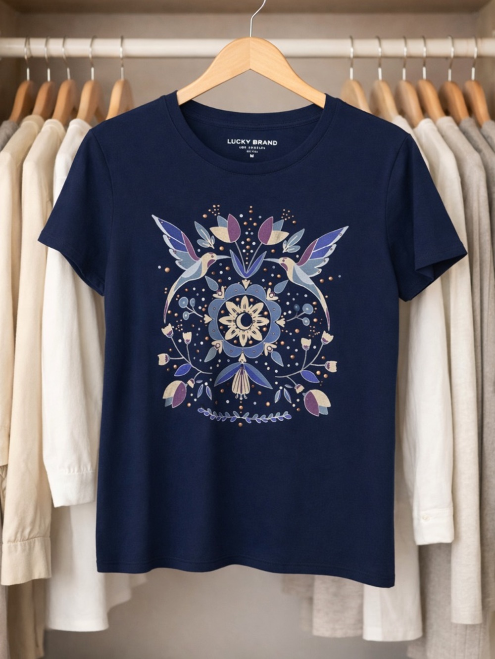 Lucky Brand Hummingbird Graphic Tee Navy Blue Medium Boho Floral Top